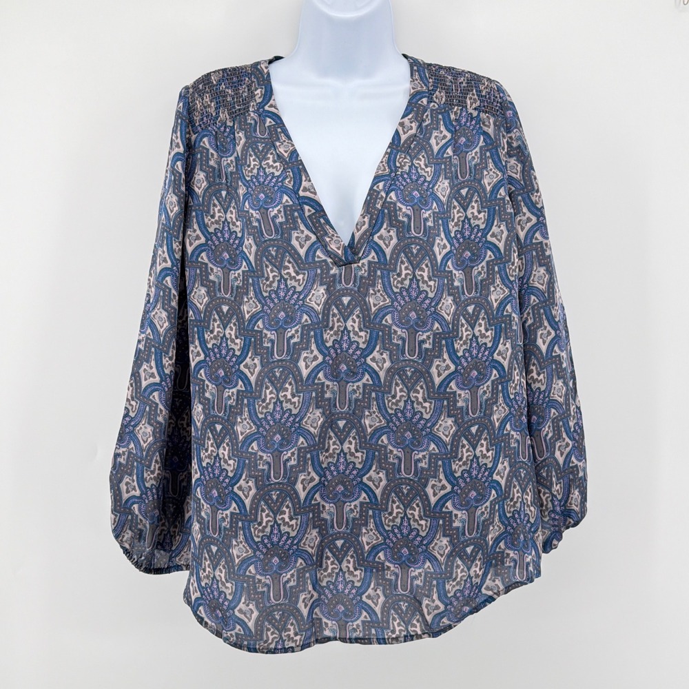 Joie Axcel 100% Silk Blouse Womens M Blue Purple Paisley Smocked V Neck Peasant